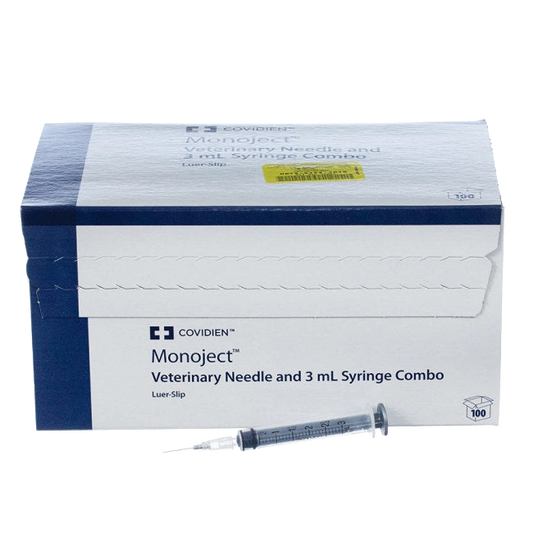 3cc MonoJect™ Syringes with 25 gauge Needles,"Box of syringes with one syringe displayed in front"