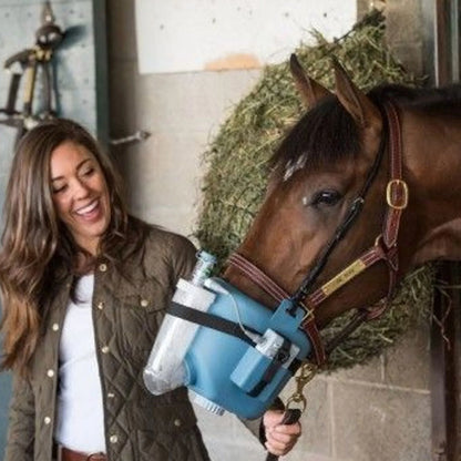Flexineb® E3 Portable Equine Nebulizer Complete System with 2 Standard Med Cups,"Horse wearing blue nebulizer mask with handler"