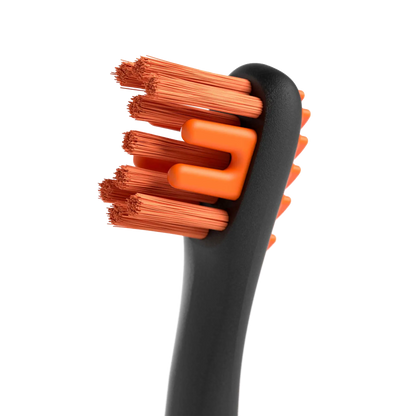 BrushMate Premium Toothbrush,"Close-up of black toothbrush head with orange bristles"