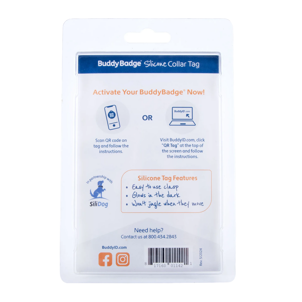 BuddyID® BuddyBadge® Silicone Collar Tag,"Back of blister package with activation instructions and barcode"