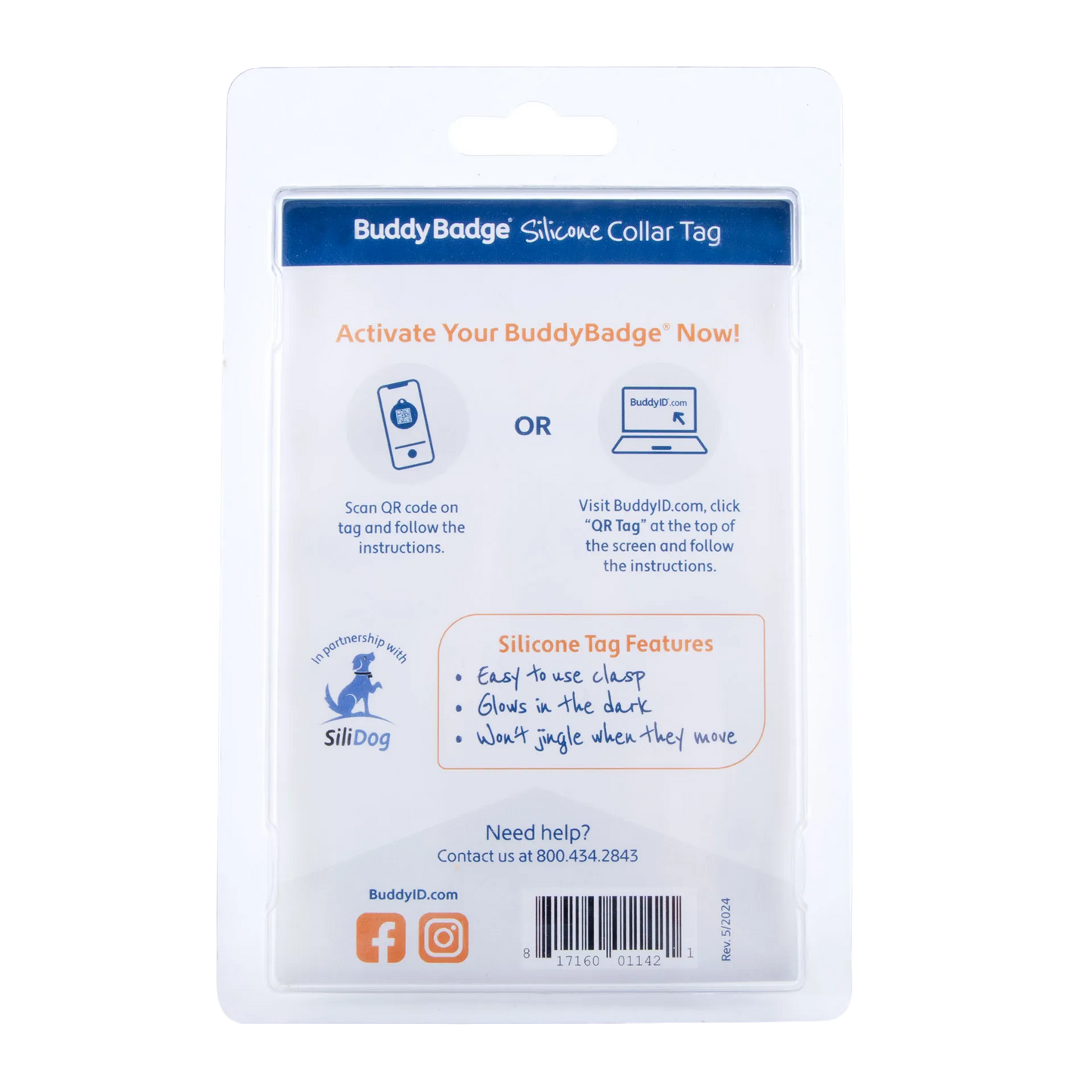 BuddyID® BuddyBadge® Silicone Collar Tag,"Back of blister package with activation instructions and barcode"