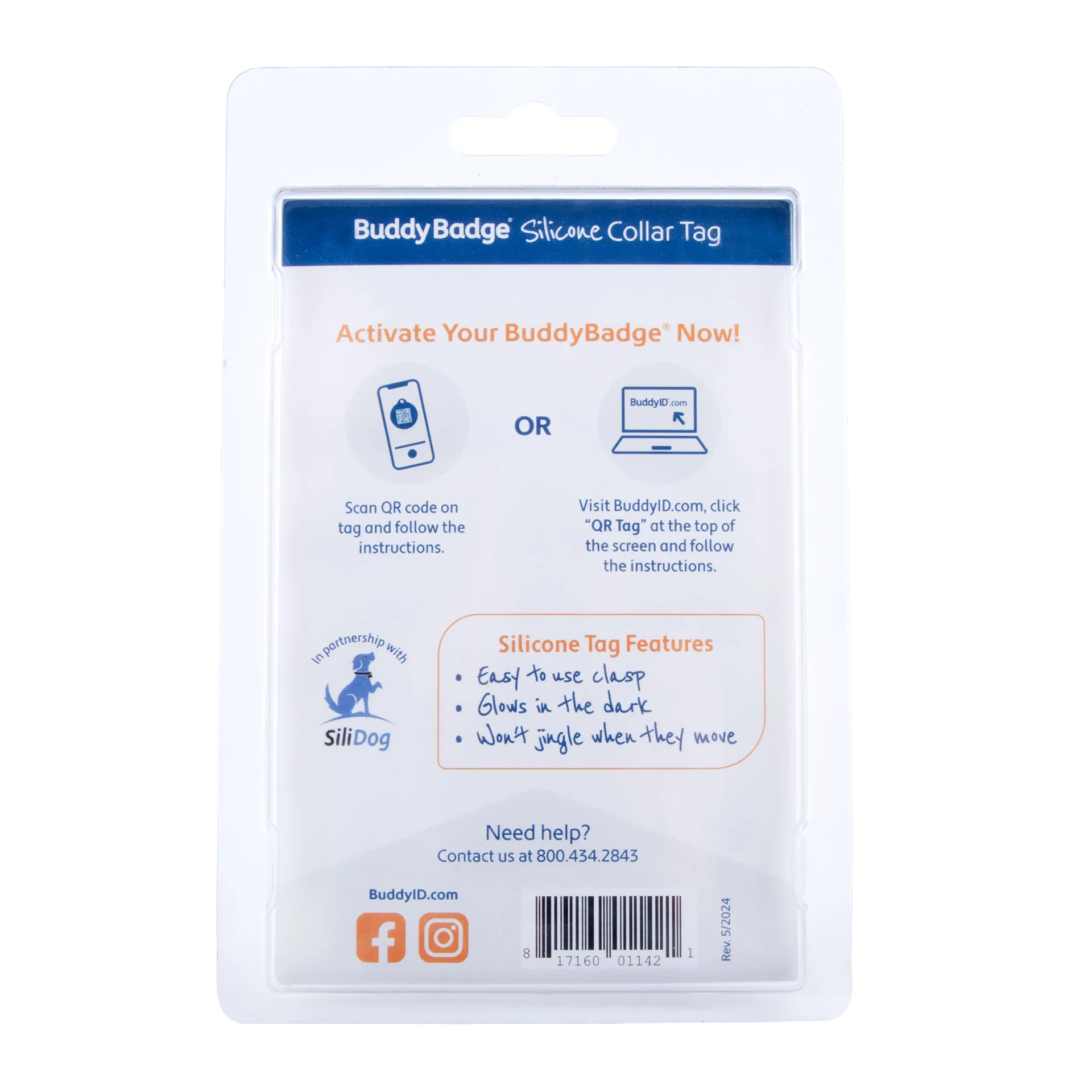 BuddyID® BuddyBadge® Silicone Collar Tag,"Back of blister package with activation instructions and barcode"