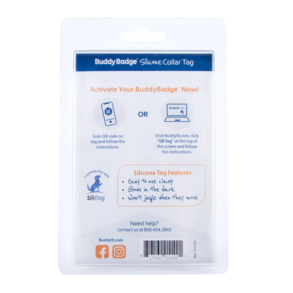 BuddyID® BuddyBadge® Silicone Collar Tag,"Back of blister package with activation instructions and barcode"