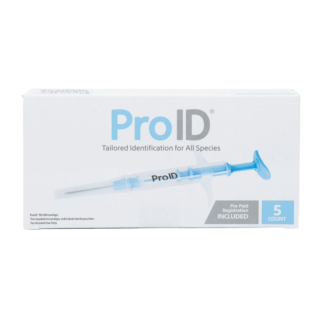 ProID® ISO Microchips,"White product box with blue syringe illustration, front view"