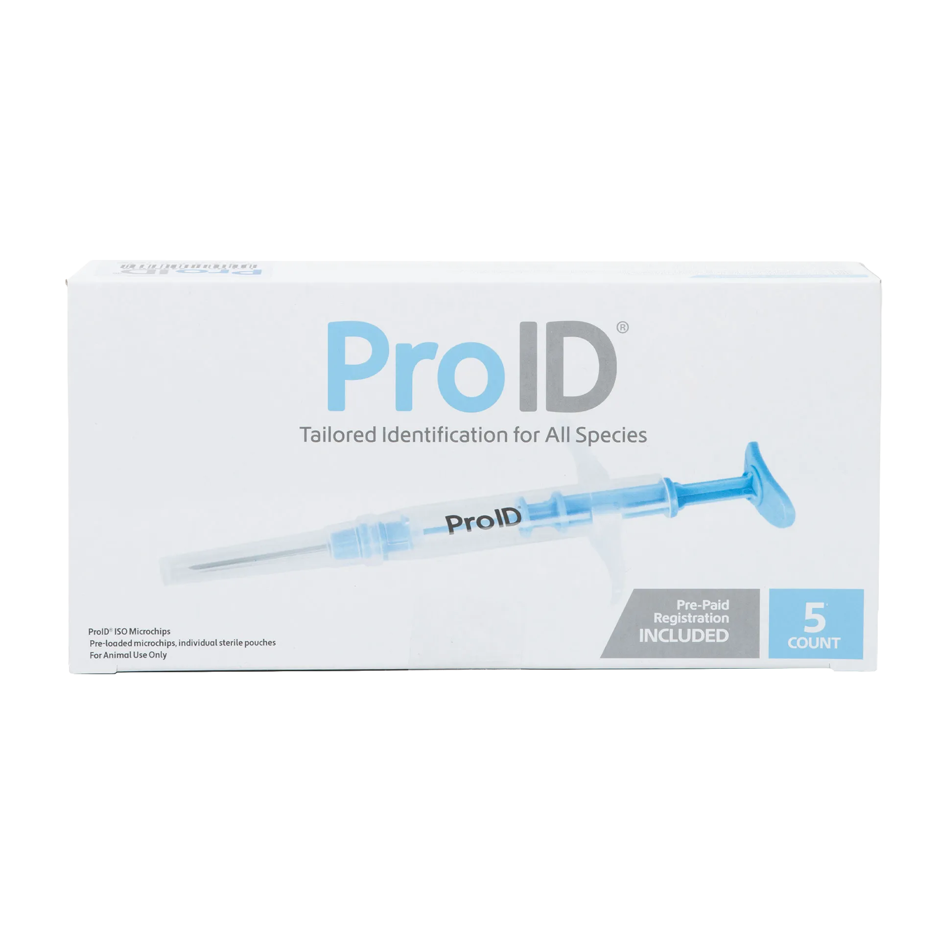 ProID® ISO Microchips,"White product box with blue syringe illustration, front view"