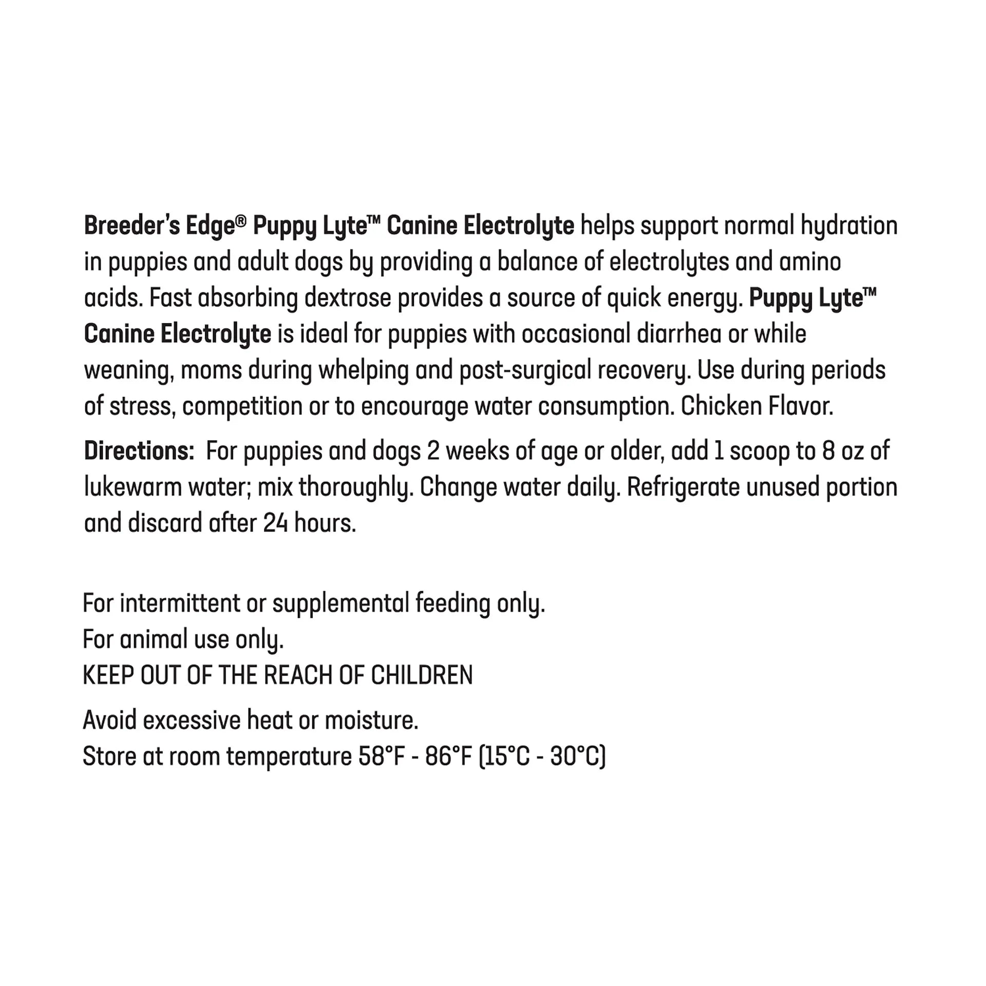 Breeder's Edge® Puppy Lyte™ or Kitten Lyte™,"Back label view of product container with directions and storage information"
