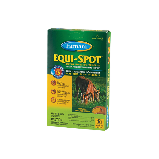 Equi-Spot® Spot-On Fly Control for Horses,"Green product box with horse photo on front"