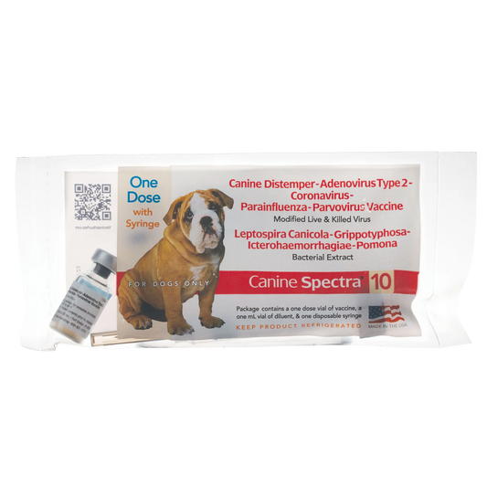 Canine Spectra® 10 Dog Vaccine,"Vaccine box with puppy image, vial and syringe"