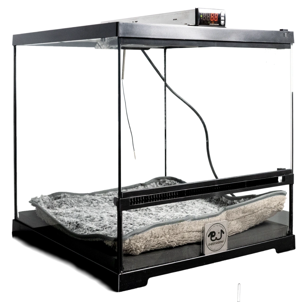 Puppywarmer® Puppy Incubator,"Glass-front incubator with digital controls and plush bed"