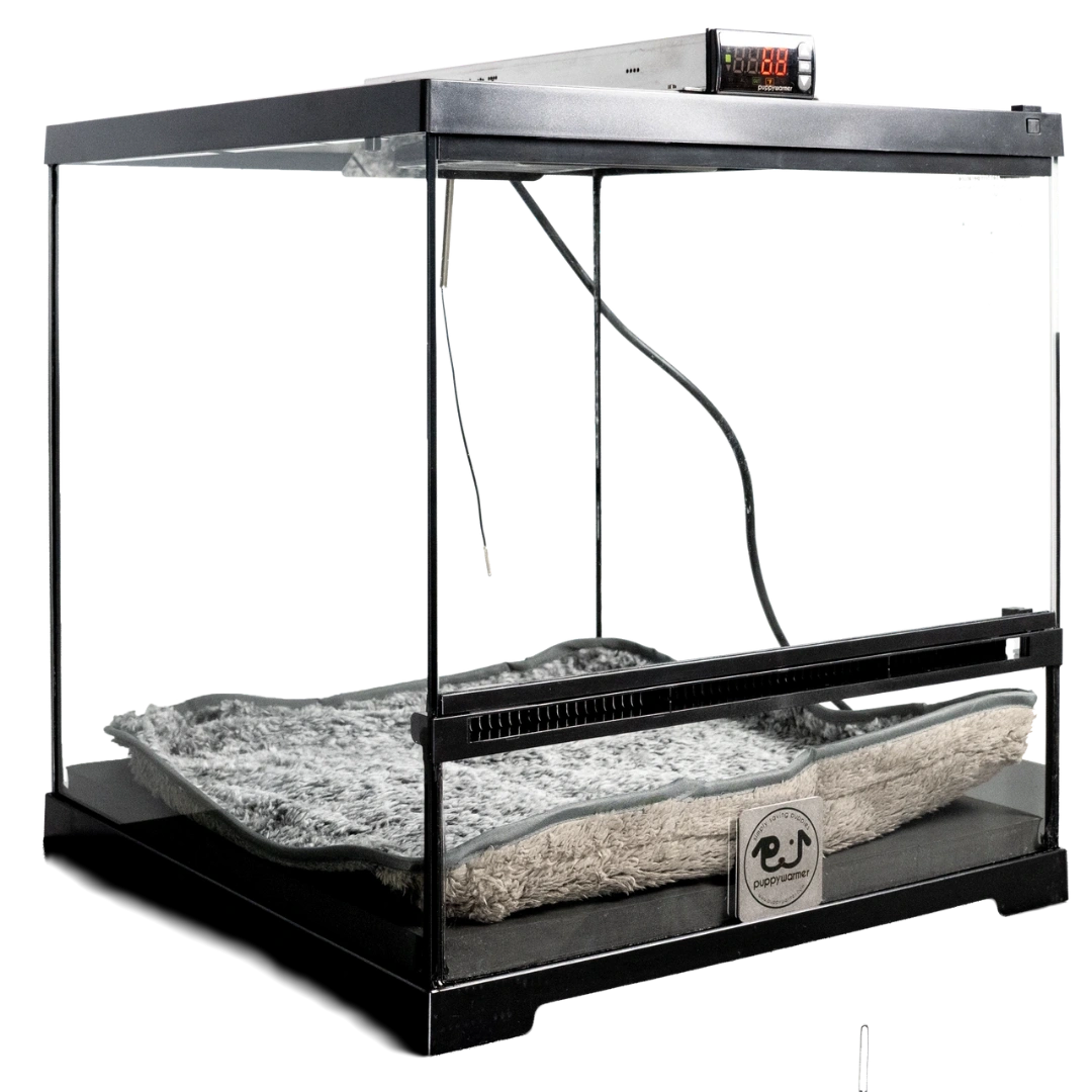 Puppywarmer® Puppy Incubator,"Glass-front incubator with digital controls and plush bed"