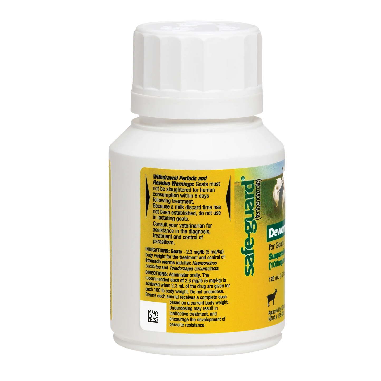 Safe-Guard® Dewormer for Goats Cattle,"White bottle with ribbed cap and yellow side label"