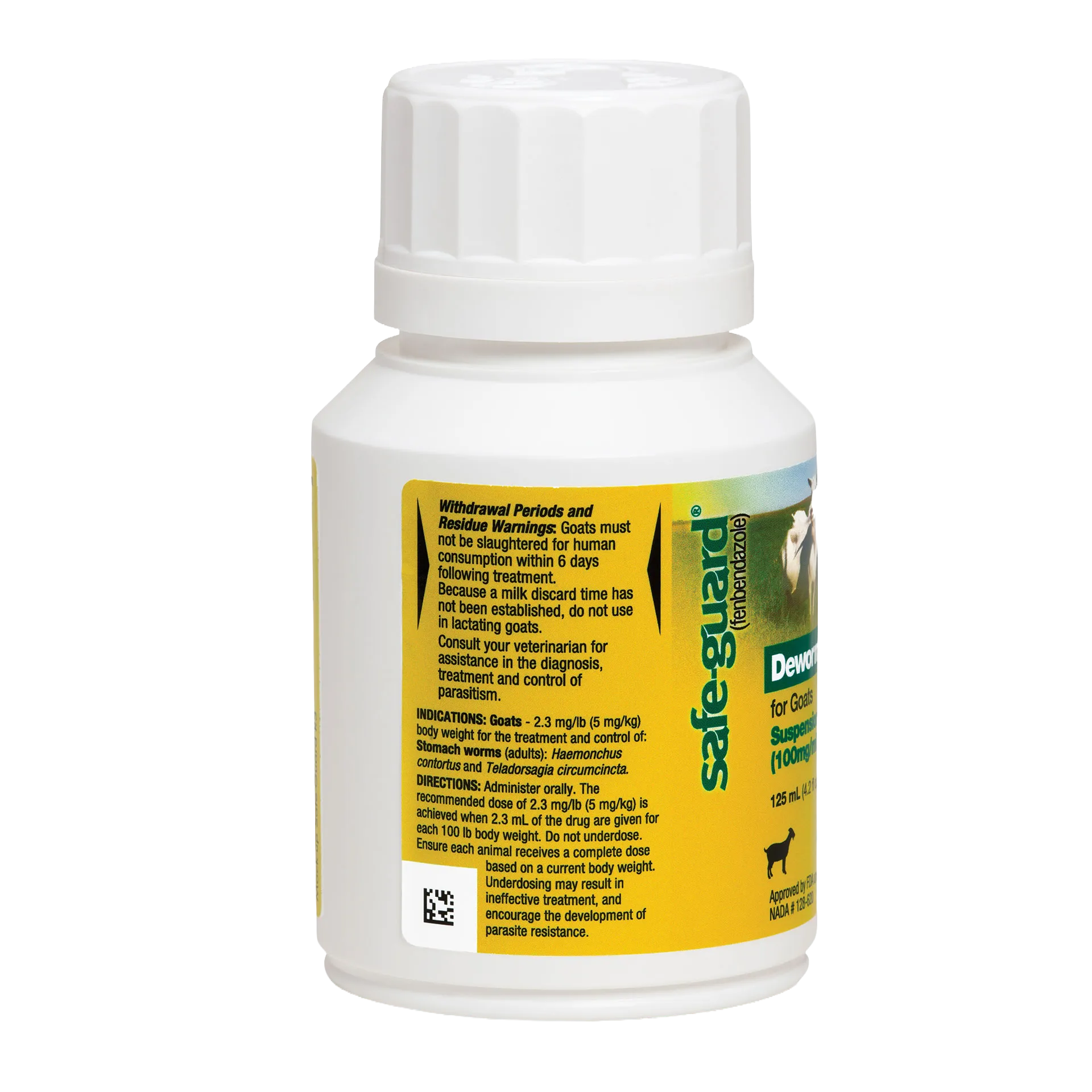 Safe-Guard® Dewormer for Goats Cattle,"White bottle with ribbed cap and yellow side label"