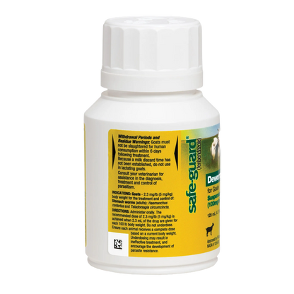 Safe-Guard® Dewormer for Goats Cattle,"White bottle with ribbed cap and yellow side label"
