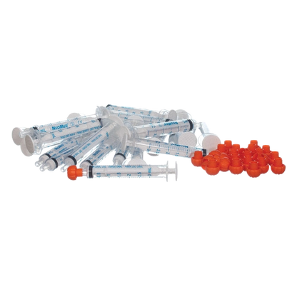 O-Ring Syringe,"Clear syringes with orange caps"