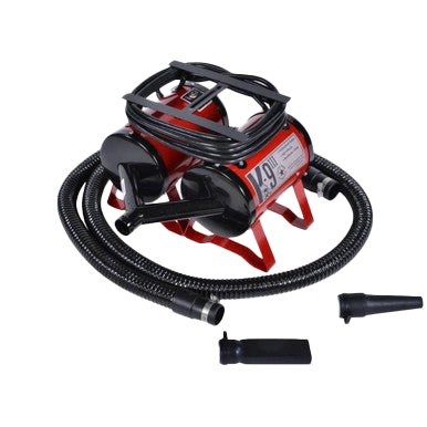 K-9 III Dog Dryer With FREE Water Peeler,"Red dog dryer with black hose and two nozzle attachments"