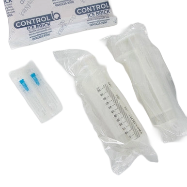 EquiSaver Cooled Semen Shipper,"Bagged syringe and tube with blue-capped accessories and ice brick packs"