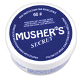 Musher's™ Secret,"Round white jar with blue lid shown from above"