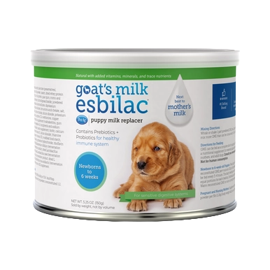 PetAg Goat's Milk Esbilac Puppy Milk Replacer Powder for Puppies,"Cylindrical can with puppy image on label"
