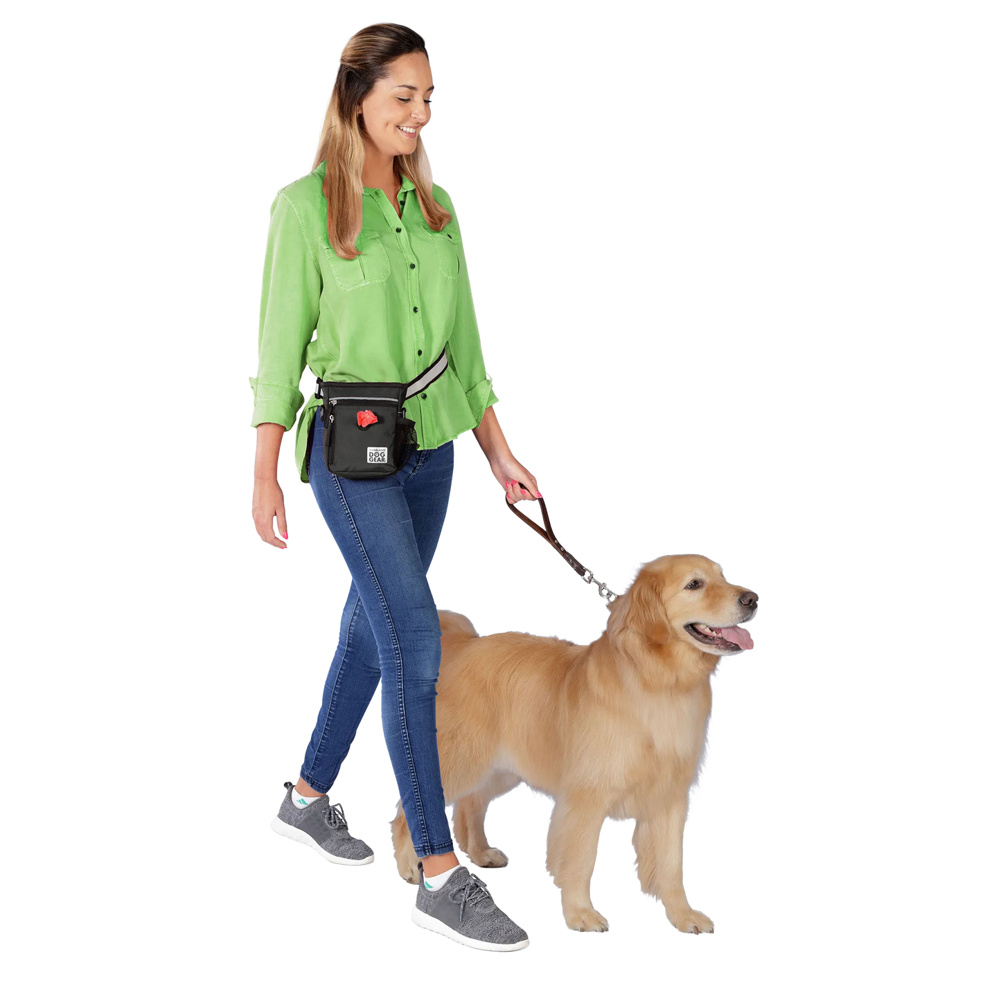 Day/Night Walking Bag,"Black waist bag worn while walking a dog"