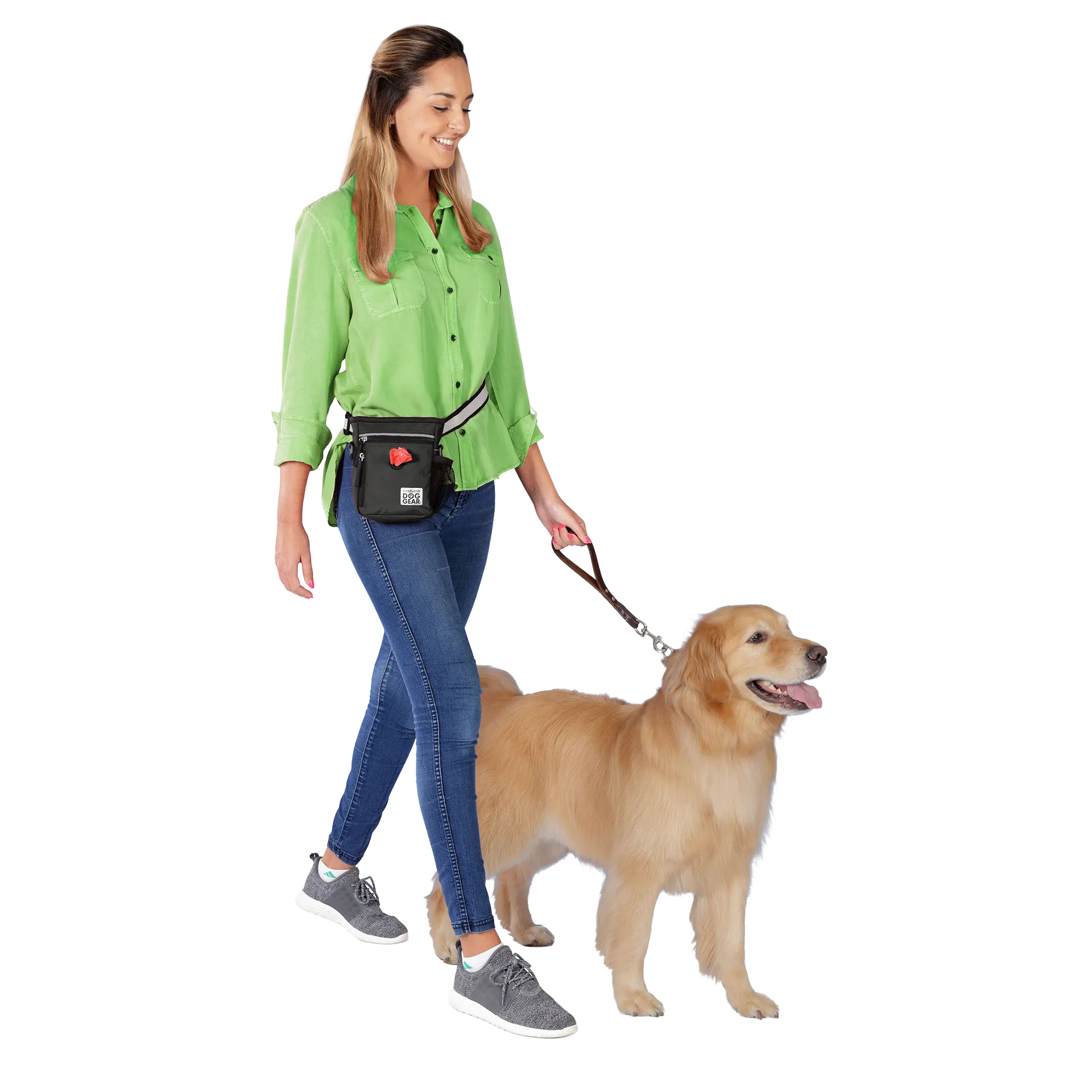 Day/Night Walking Bag,"Black waist bag worn while walking a dog"