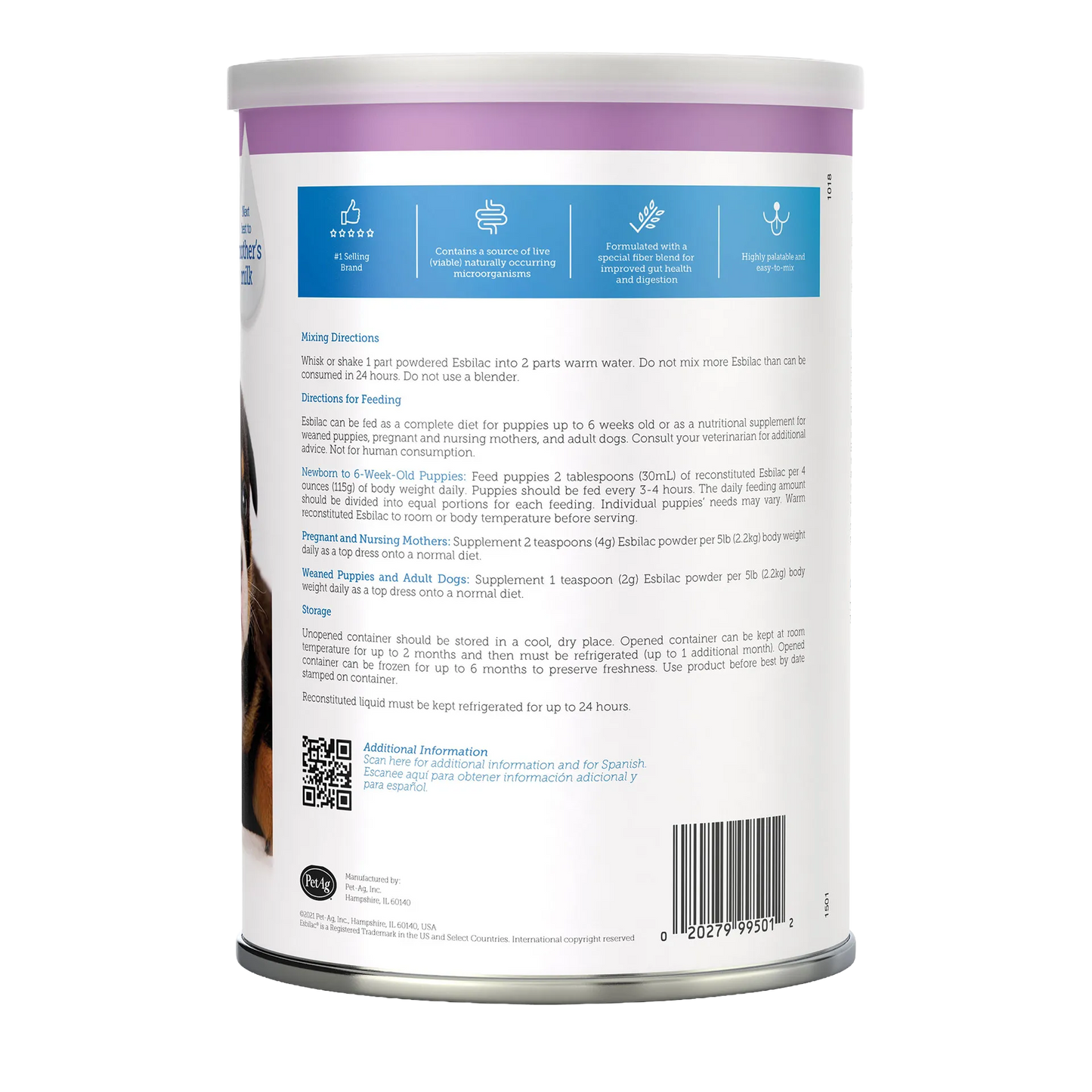 Esbilac® Puppy Milk Replacer,"Back of powder can with feeding directions and barcode"
