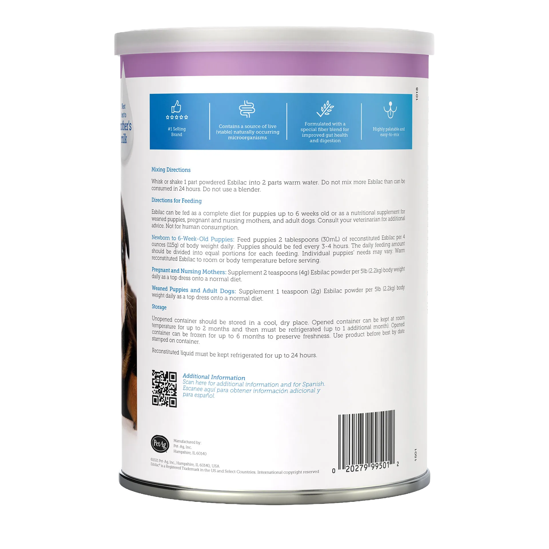 Esbilac® Puppy Milk Replacer,"Back of powder can with feeding directions and barcode"