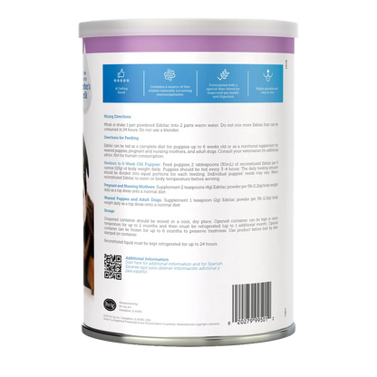 Esbilac® Puppy Milk Replacer,"Back of powder can with feeding directions and barcode"