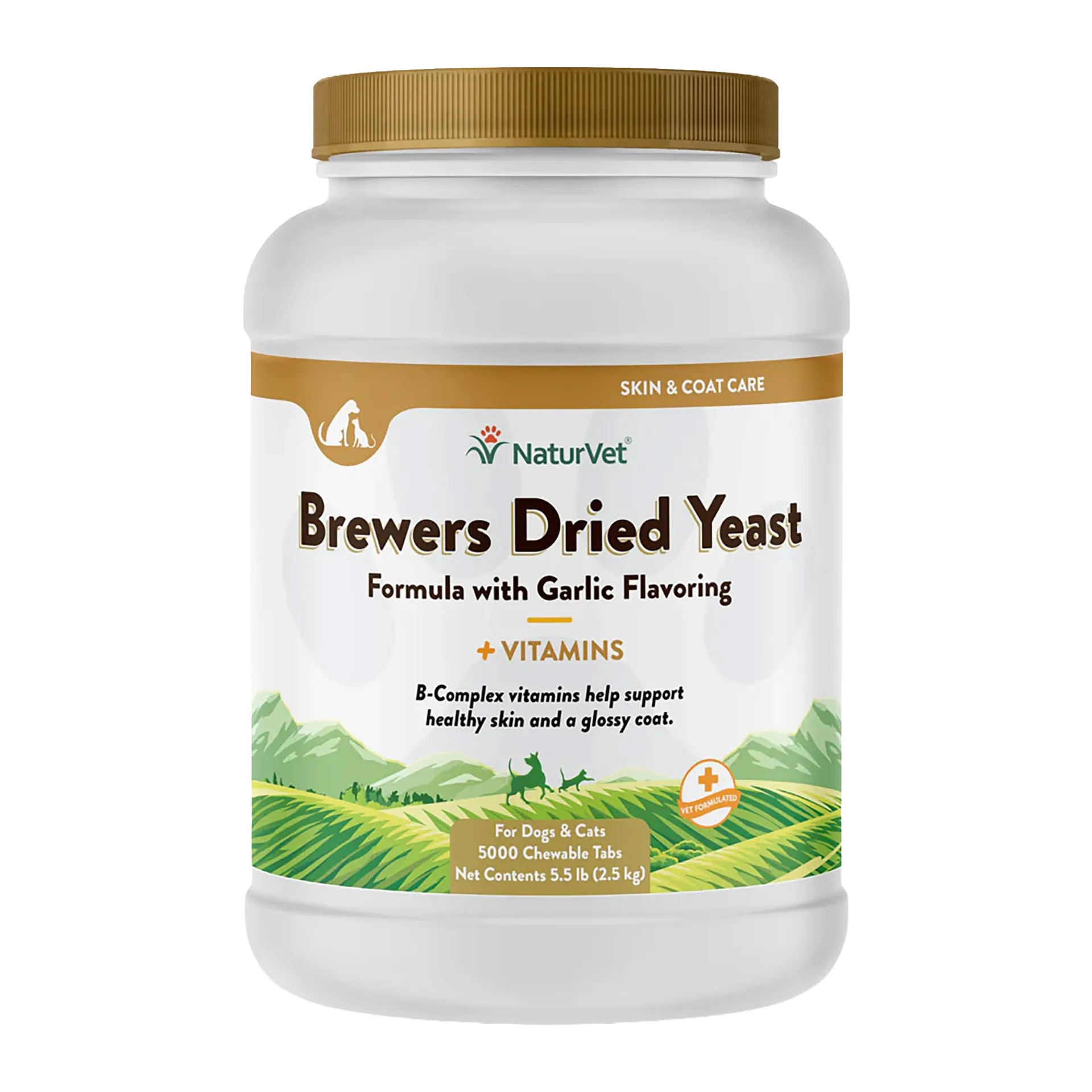 Brewers Dried Yeast Formula with Garlic Flavoring,"Large white supplement jar with gold cap, front label view"