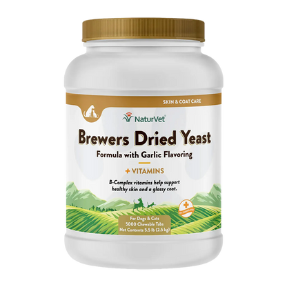 Brewers Dried Yeast Formula with Garlic Flavoring,"Large white supplement jar with gold cap, front label view"