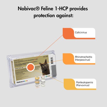 Nobivac® Feline 1-HCP,"Package tray with two vaccine vials and protection callout graphic"