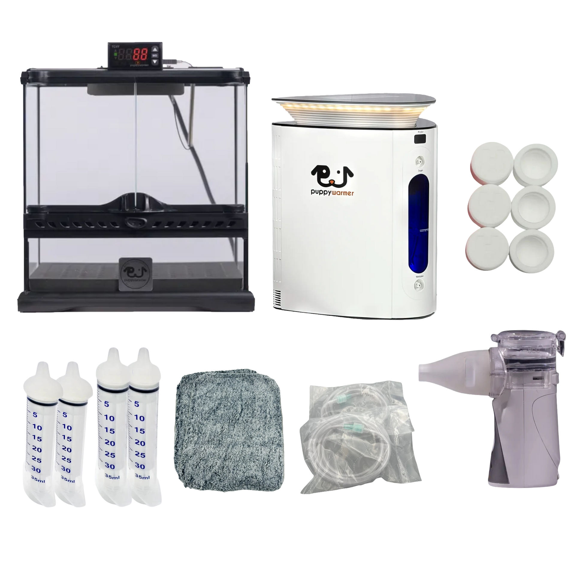 Puppywarmer Bundles,"Warming chamber bundle with humidifier, cups, bottles, tubing, cloth, and mask"