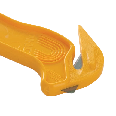 Plastic Wrap Cutter,"Yellow hook-style cutter with exposed blade"