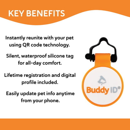 BuddyID® BuddyBadge® Silicone Collar Tag,"Round collar tag with black loop and orange silicone edge"