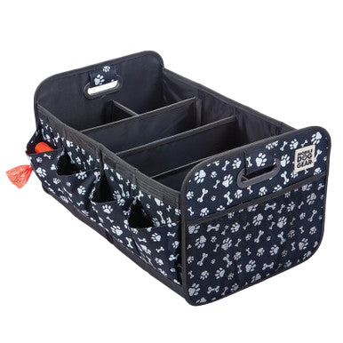 Dogssentials Collapsible Storage Organizer,"Black collapsible organizer with paw print pattern and dividers"