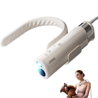 Harmony Neck Dryer by JirPet,"White handheld neck dryer with curved strap and inset lifestyle photo"
