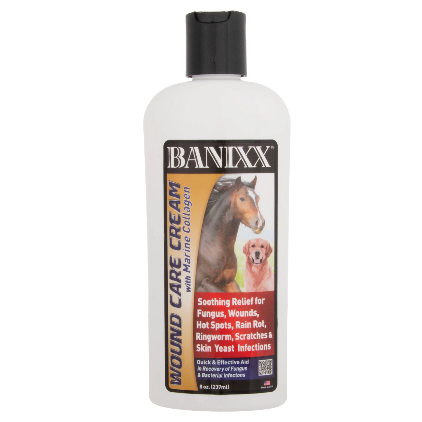 Banixx® Wound Care Cream,"Front view of cream bottle with black cap and horse and dog label"