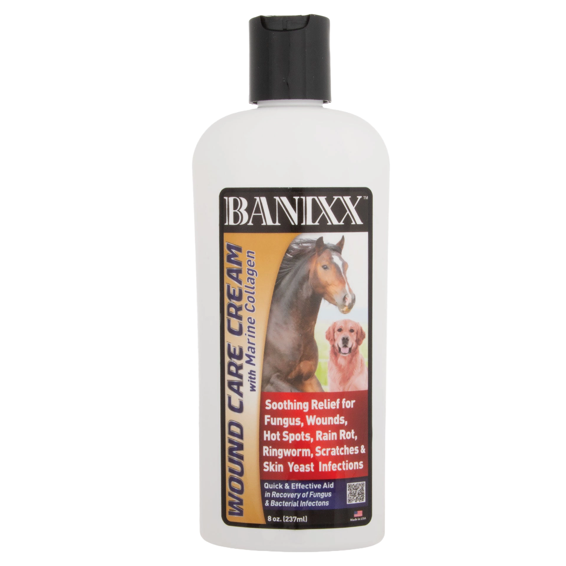 Banixx® Wound Care Cream,"Front view of cream bottle with black cap and horse and dog label"