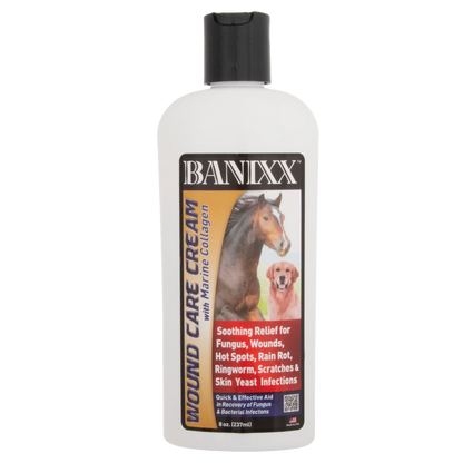 Banixx® Wound Care Cream,"Front view of cream bottle with black cap and horse and dog label"