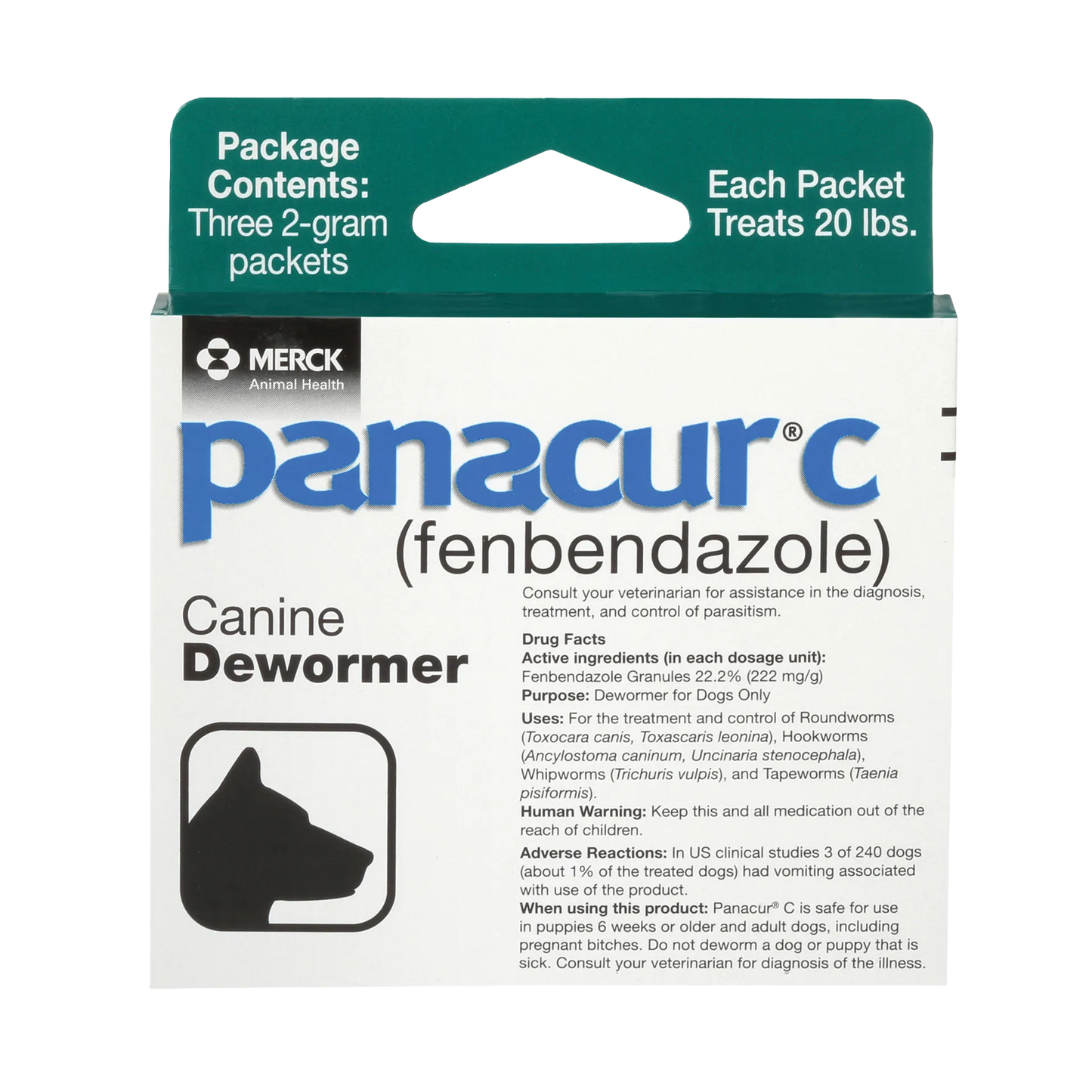 Panacur® C Canine Dewormer,"Front of dewormer box with green hanging tab and dog icon"