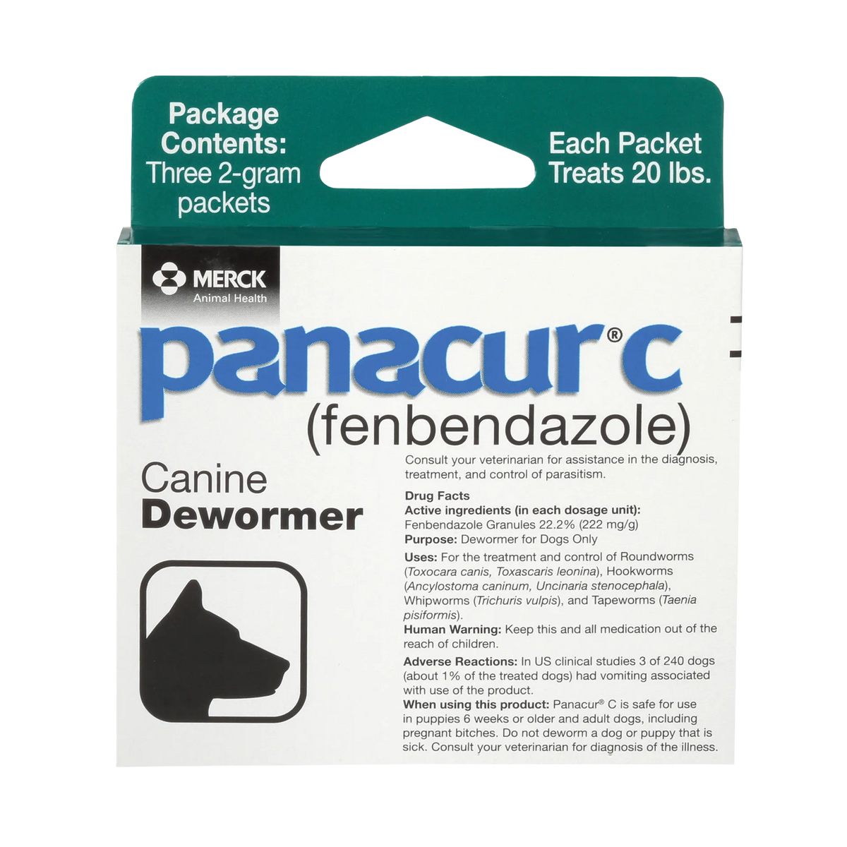Panacur® C Canine Dewormer,"Front of dewormer box with green hanging tab and dog icon"