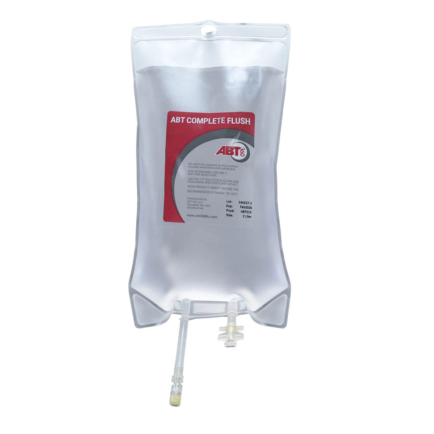 ABT Complete Flush,"Clear IV-style fluid bag with attached tubing and bottom port"