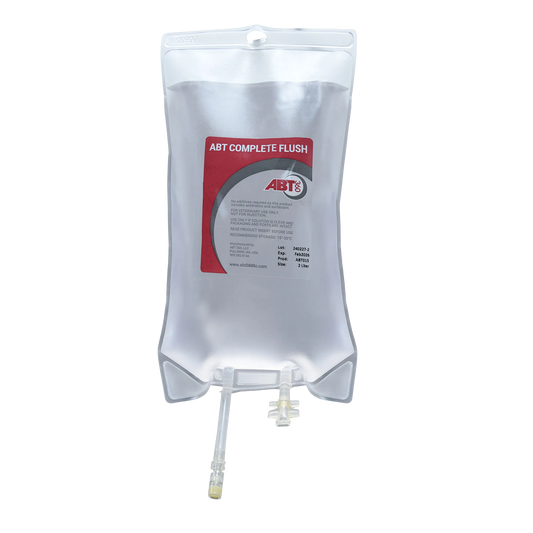 ABT Complete Flush,"Clear IV-style fluid bag with attached tubing and bottom port"