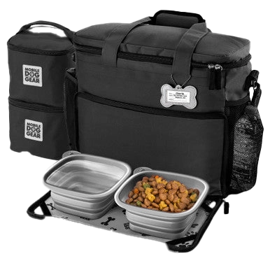 Week Away® Tote Bag,"Black pet travel tote with two collapsible bowls and bottle holder"