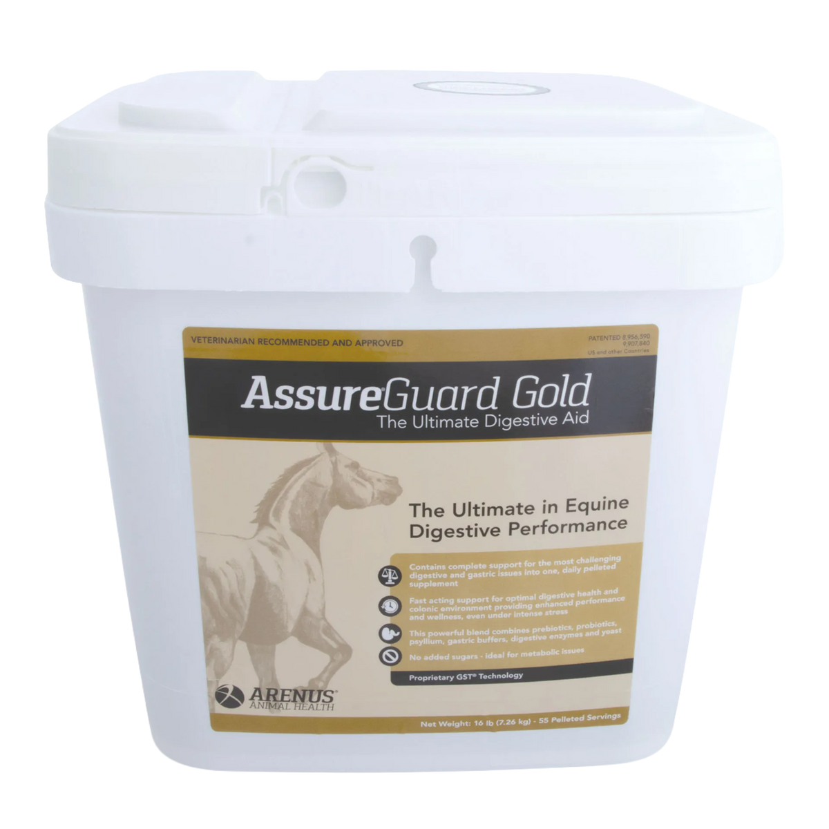Assure® Guard Gold,"White plastic bucket with hinged lid and front label"