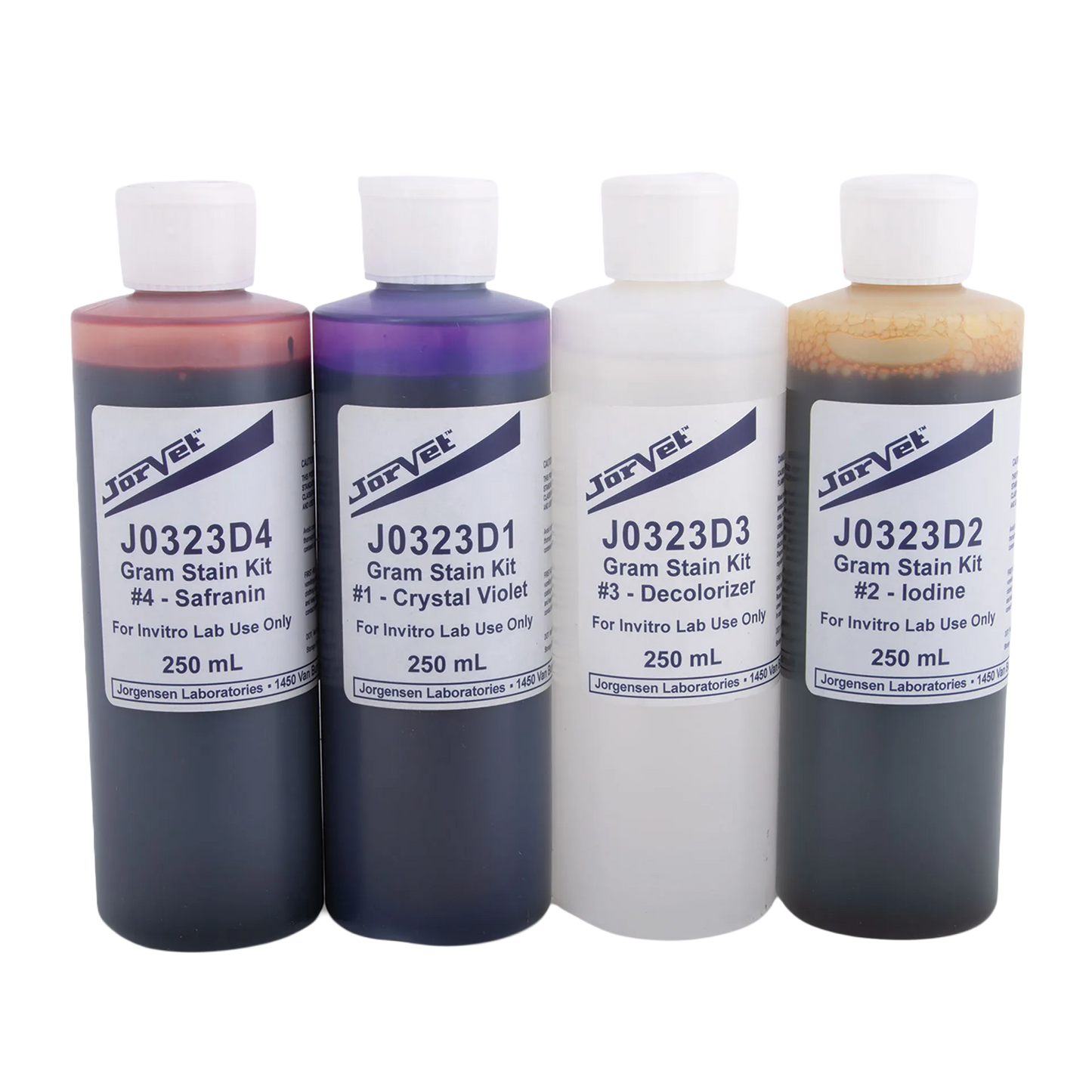 Gram Stain Kit,"Four reagent bottles with white caps"