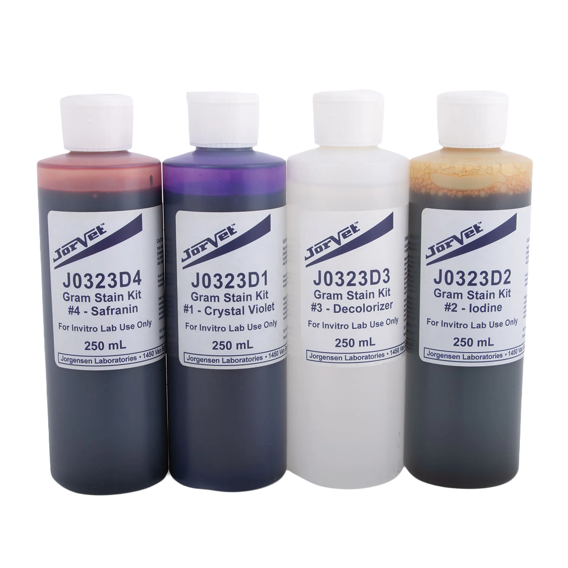 Gram Stain Kit,"Four reagent bottles with white caps"