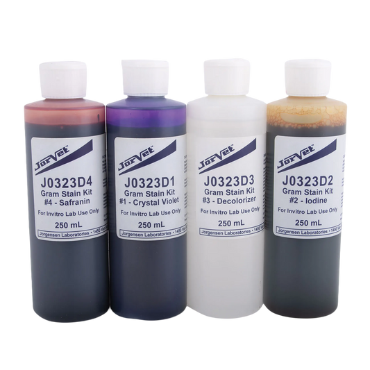 Gram Stain Kit,"Four reagent bottles with white caps"