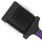 Deshedding Medium Firm Slicker Brush,"Black slicker brush head with angled metal pins and purple handle grip"