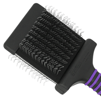 Deshedding Medium Firm Slicker Brush,"Black slicker brush head with angled metal pins and purple handle grip"