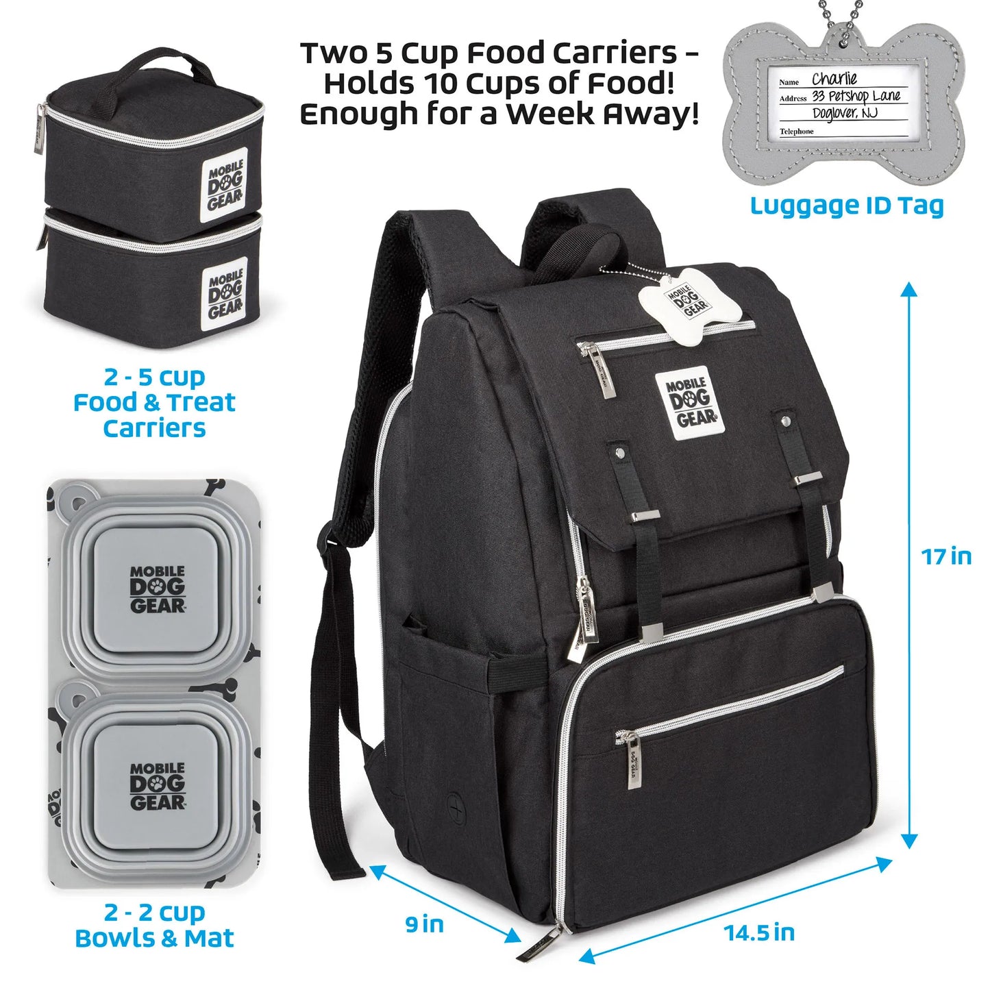 Ultimate Week Away Backpack,"Black backpack with two food carriers, bowls, and bone-shaped tag"